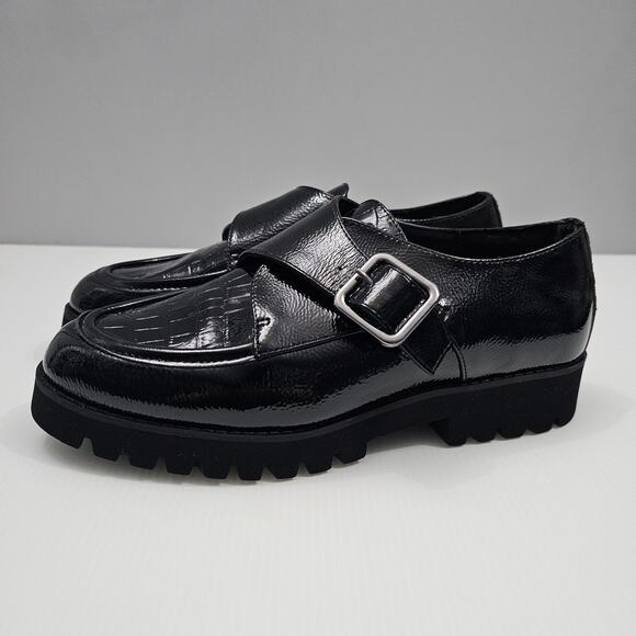 Donald Pliner Elody Monk Strap Shoe Womens 8 Black Patent Croc Crinkle Slip On - Picture 1 of 13